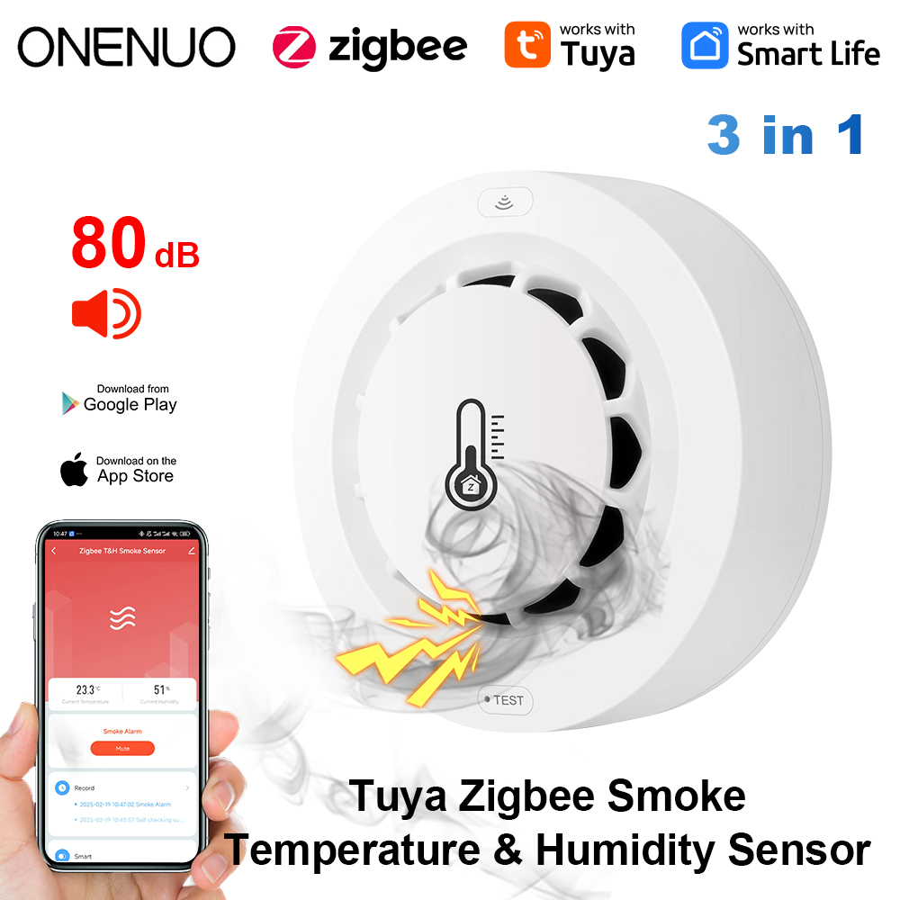 Smoke Detector Interconnected - Tuya Zigbee BT สองการเชื่อมต่อเครื่องตรวจจับควันอุณหภูมิความชื้นอุปกรณ์วัด 80dB เสียงปลุก